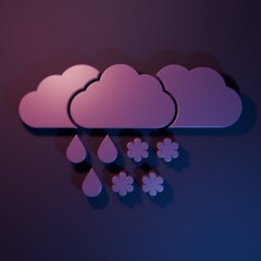 Poster - Purple Cloud with snow and rain icon isolated on purple-blue background. Weather icon. Minimalism concept. 3D render illustration