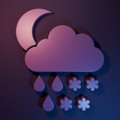 Poster - Purple Cloud with snow, rain and moon icon isolated on purple-blue background. Weather icon. Minimalism concept. 3D render illustration