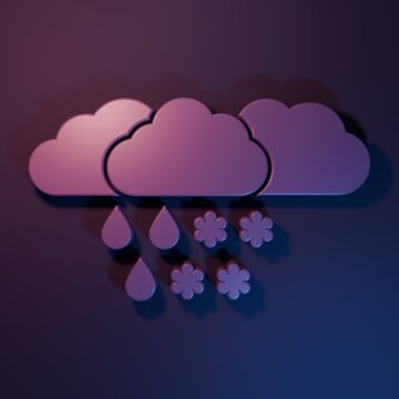 Purple Cloud with snow and rain icon isolated on purple-blue background. Weather icon. Minimalism concept. 3D render illustration