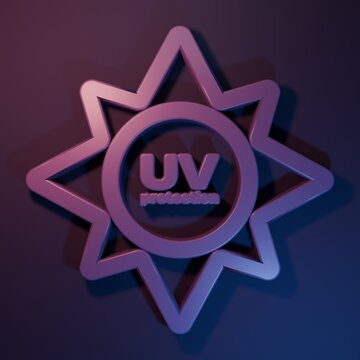 Purple UV protection icon isolated on purple-blue background. Ultra violet rays radiation. SPF sun sign. Minimalism concept. 3D render illustration