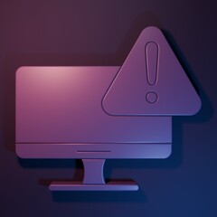 Fototapete - Purple Computer monitor with exclamation mark icon isolated on purple-blue background. Alert message smartphone notification. Minimalism concept. 3D render illustration