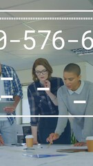 Poster - Animation of changing numbers, loading bar, line graphs, diverse coworkers sharing ideas in office