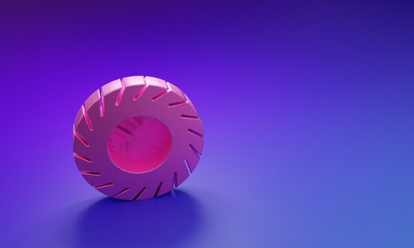 Pink Car tire icon isolated on purple-blue background. Minimalism concept. 3D render illustration