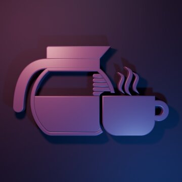 Purple Coffee pot with cup icon isolated on purple-blue background. Minimalism concept. 3D render illustration