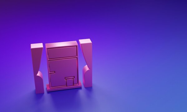 Pink Window with curtains in the room icon isolated on purple-blue background. Minimalism concept. 3D render illustration