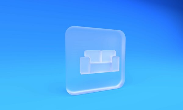 Frosted glass Sofa icon isolated on blue background. Square frosted glass button. 3D render illustration