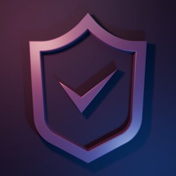 Purple Shield with check mark icon isolated on purple-blue background. Security, safety, protection, privacy concept. Tick mark approved. Minimalism concept. 3D render illustration