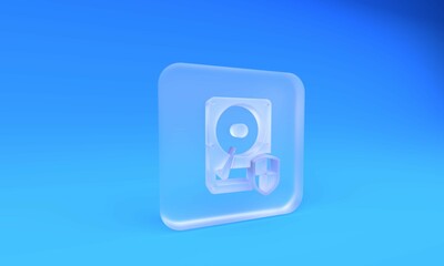 Poster - Frosted glass Hard disk drive HDD protection icon isolated on blue background. Square frosted glass button. 3D render illustration