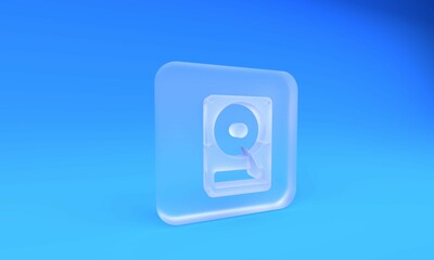 Poster - Frosted glass Hard disk drive HDD icon isolated on blue background. Square frosted glass button. 3D render illustration