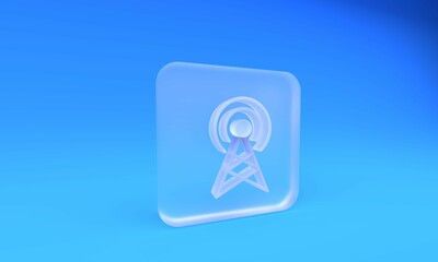 Poster - Frosted glass Antenna icon isolated on blue background. Radio antenna wireless. Technology and network signal radio antenna. Square frosted glass button. 3D render illustration