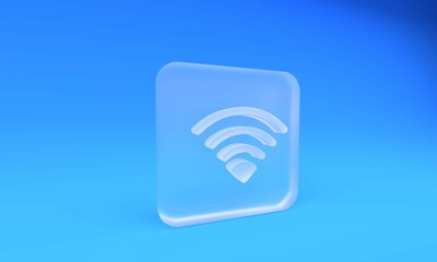 Poster - Frosted glass Wi-Fi wireless internet network symbol icon isolated on blue background. Square frosted glass button. 3D render illustration