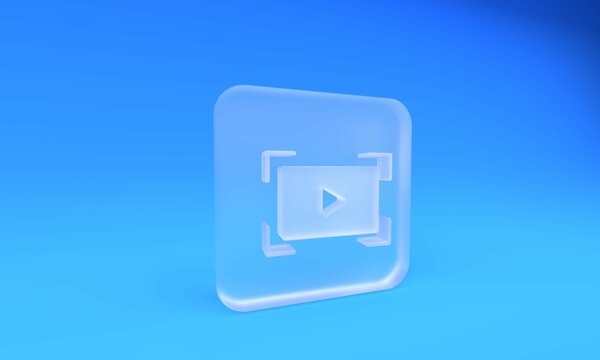 Frosted glass Online play video icon isolated on blue background. Film strip with play sign. Square frosted glass button. 3D render illustration