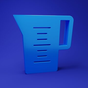 Blue Jug glass with water icon isolated on blue background. Kettle for water. Glass decanter with drinking water. Minimalism concept. 3D render illustration