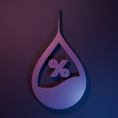 Poster - Purple Water drop percentage icon isolated on purple-blue background. Humidity analysis. Minimalism concept. 3D render illustration