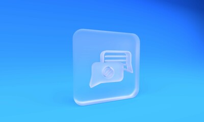 Aufkleber - Frosted glass Speech bubble chat icon isolated on blue background. Message icon. Communication or comment chat symbol. Square frosted glass button. 3D render illustration