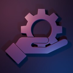 Poster - Purple Hand settings gear icon isolated on purple-blue background. Adjusting, service, maintenance, repair, fixing. Minimalism concept. 3D render illustration