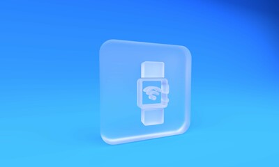 Leinwandbilder - Frosted glass Smartwatch with wireless symbol icon isolated on blue background. Square frosted glass button. 3D render illustration