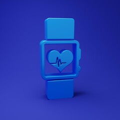 Leinwandbilder - Blue Smart watch showing heart beat rate icon isolated on blue background. Fitness App concept. Minimalism concept. 3D render illustration