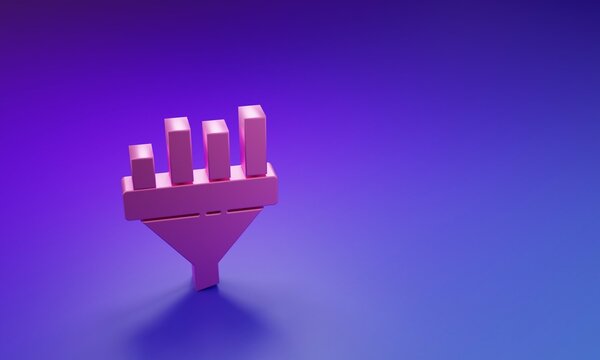 Pink Sales funnel with chart for marketing and startup business icon isolated on purple-blue background. Infographic template. Minimalism concept. 3D render illustration
