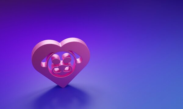 Pink Heart with dog icon isolated on purple-blue background. Pet paw in heart. Love to the animals. Minimalism concept. 3D render illustration