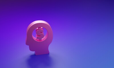 Poster - Pink Business man planning mind icon isolated on purple-blue background. Human head with dollar. Idea to earn money. Business investment growth. Minimalism concept. 3D render illustration