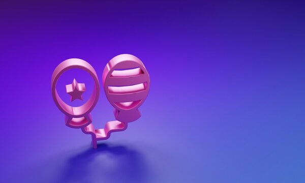 Pink Balloons with ribbon icon isolated on purple-blue background. Happy Easter. Minimalism concept. 3D render illustration