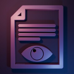 Aufkleber - Purple Paper page with eye symbol icon isolated on purple-blue background. Open information file sign. Minimalism concept. 3D render illustration