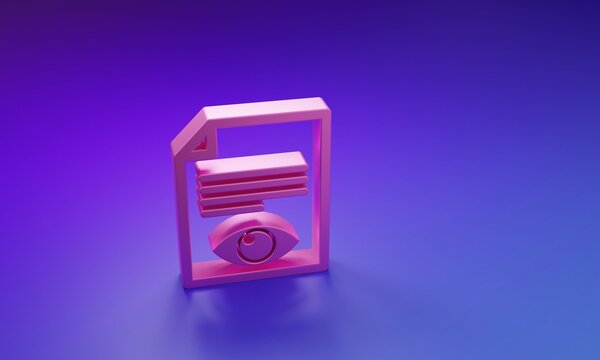 Pink Paper page with eye symbol icon isolated on purple-blue background. Open information file sign. Minimalism concept. 3D render illustration