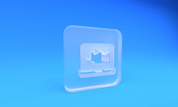 Frosted glass Online play video icon isolated on blue background. Film strip with play sign. Square frosted glass button. 3D render illustration