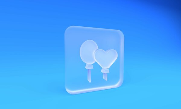 Frosted glass Balloons with ribbon icon isolated on blue background. Square frosted glass button. 3D render illustration