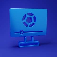 Poster - Blue Football soccer match on TV icon isolated on blue background. Football online concept. Minimalism concept. 3D render illustration