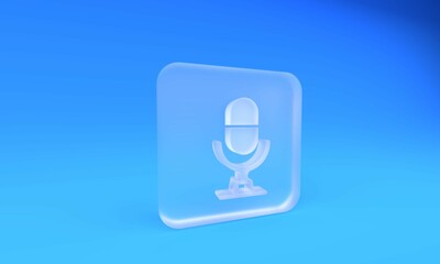Poster - Frosted glass Microphone voice device icon isolated on blue background. Microphone interpreter and alphabet letters. Square frosted glass button. 3D render illustration