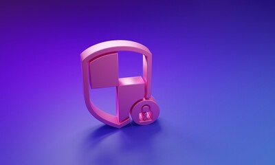 Poster - Pink Shield security with lock icon isolated on purple-blue background. Protection, safety, password security. Firewall access privacy sign. Minimalism concept. 3D render illustration