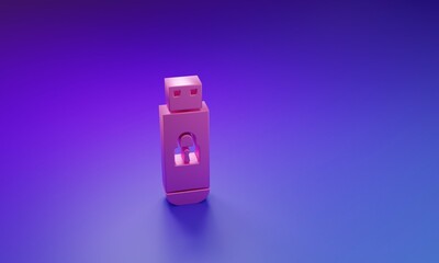 Poster - Pink USB flash drive with closed padlock icon isolated on purple-blue background. Security, safety, protection concept. Minimalism concept. 3D render illustration