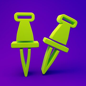 Green Push pin icon isolated on purple-blue background. Thumbtacks sign. Minimalism concept. 3D render illustration