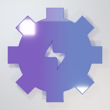 Purple-blue Gear and lightning icon isolated on grey background. Electric power. Lightning bolt sign. Minimalism concept. 3D render illustration