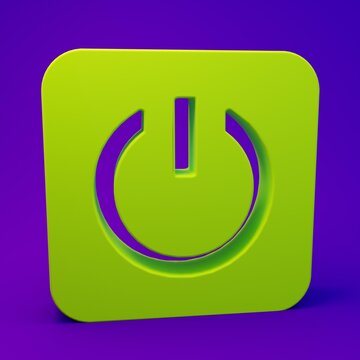 Green Power button icon isolated on purple-blue background. Start sign. Minimalism concept. 3D render illustration