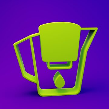 Green Water jug with a filter icon isolated on purple-blue background. Minimalism concept. 3D render illustration