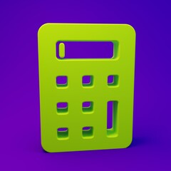Fototapete - Green Calculator icon isolated on purple-blue background. Accounting symbol. Business calculations mathematics education and finance. Minimalism concept. 3D render illustration