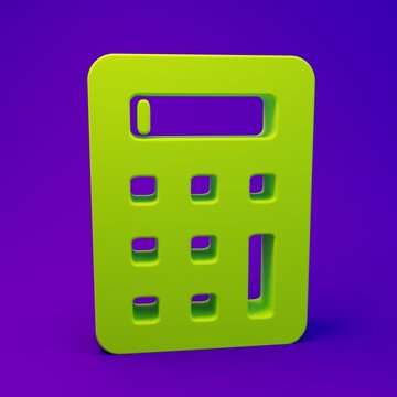 Green Calculator icon isolated on purple-blue background. Accounting symbol. Business calculations mathematics education and finance. Minimalism concept. 3D render illustration