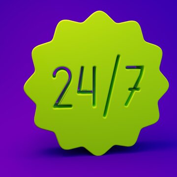 Green Clock 24 hours icon isolated on purple-blue background. All day cyclic icon. 24 hours service symbol. Minimalism concept. 3D render illustration