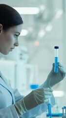 Poster - Scientific Insight: A focused scientist meticulously examines a vial of fluid, exemplifying precision and expertise in the realm of scientific exploration and discovery.