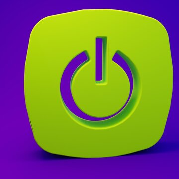 Green Power button icon isolated on purple-blue background. Start sign. Minimalism concept. 3D render illustration