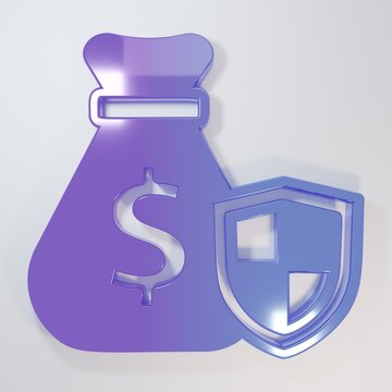 Purple-blue Money bag with shield icon isolated on grey background. Insurance concept. Security, safety, protection, protect concept. Minimalism concept. 3D render illustration