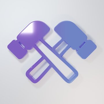 Purple-blue Crossed hammer icon isolated on grey background. Tool for repair. Minimalism concept. 3D render illustration