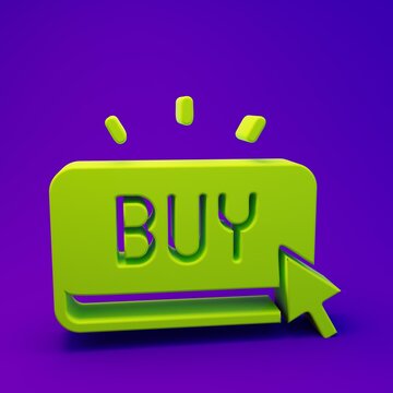 Green Buy button icon isolated on purple-blue background. Minimalism concept. 3D render illustration