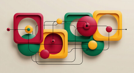Poster - Abstract composition of red, yellow, and green geometric shapes/spheres interconnected by thin black lines, creating modern, minimalist design, showcasing clean aesthetic for various applications