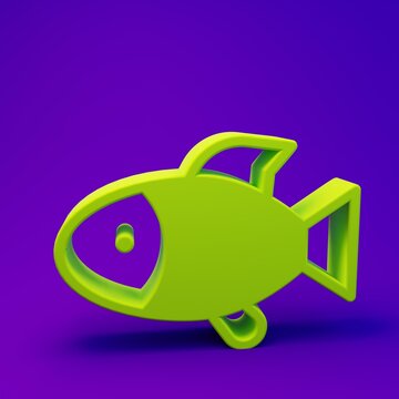Green Fish icon isolated on purple-blue background. Minimalism concept. 3D render illustration
