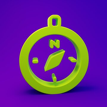 Green Compass icon isolated on purple-blue background. Windrose navigation symbol. Wind rose sign. Minimalism concept. 3D render illustration