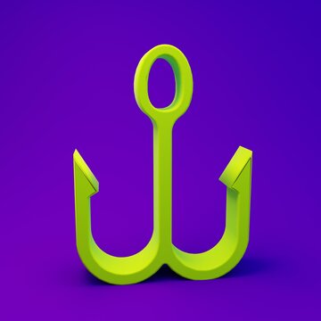 Green Fishing hook icon isolated on purple-blue background. Fishing tackle. Minimalism concept. 3D render illustration